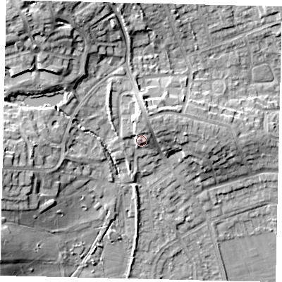Shaded relief map of the ground around HA72RQ, computed from Environment Agency LiDAR. The ground here sits at about 74 m above sea level and falls 20 m across the surrounding 800 m. Surface water reaching this point runs off ground lying to the north, 4.9 m higher.