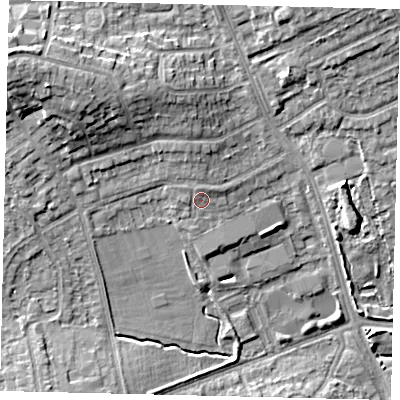 Shaded relief map of the ground around HA72RR, computed from Environment Agency LiDAR. The ground here sits at about 67 m above sea level and falls 17 m across the surrounding 800 m. Surface water reaching this point runs off ground lying to the north-north-west, 1.3 m higher.
