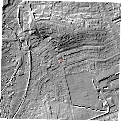 Shaded relief map of the ground around HA72RU, computed from Environment Agency LiDAR. The ground here sits at about 68 m above sea level and falls 14 m across the surrounding 800 m. Surface water reaching this point runs off ground lying to the north-north-west, 9.1 m higher.