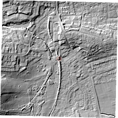 Shaded relief map of the ground around HA72RW, computed from Environment Agency LiDAR. The ground here sits at about 71 m above sea level and falls 18 m across the surrounding 800 m. Surface water reaching this point runs off ground lying to the north-west, 12.4 m higher.