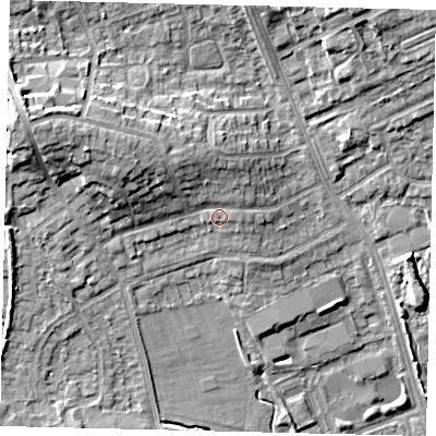 Shaded relief map of the ground around HA72SA, computed from Environment Agency LiDAR. The ground here sits at about 69 m above sea level and falls 15 m across the surrounding 800 m. Surface water reaching this point runs off ground lying to the north-north-west, 4.0 m higher.