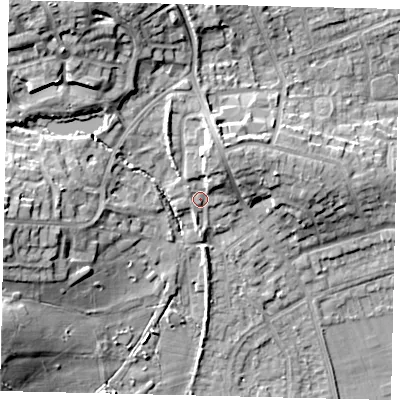 Shaded relief map of the ground around HA72SF, computed from Environment Agency LiDAR. The ground here sits at about 72 m above sea level and falls 19 m across the surrounding 800 m. Surface water reaching this point runs off ground lying to the north-north-east, 5.8 m higher.