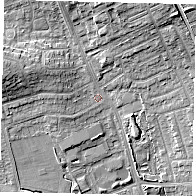 Shaded relief map of the ground around HA72SL, computed from Environment Agency LiDAR. The ground here sits at about 66 m above sea level and falls 15 m across the surrounding 800 m. Surface water reaching this point runs off ground lying to the west-north-west, 8.7 m higher.