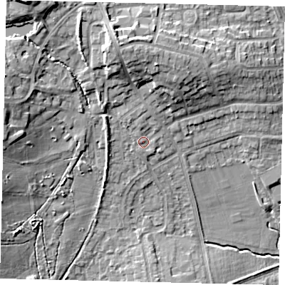 Shaded relief map of the ground around HA72SP, computed from Environment Agency LiDAR. The ground here sits at about 69 m above sea level and falls 17 m across the surrounding 800 m. Surface water reaching this point runs off ground lying to the north-west, 9.5 m higher.