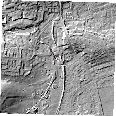Shaded relief map of the ground around HA72SS, computed from Environment Agency LiDAR. The ground here sits at about 71 m above sea level and falls 18 m across the surrounding 800 m. Surface water reaching this point runs off ground lying to the north-west, 13.9 m higher.