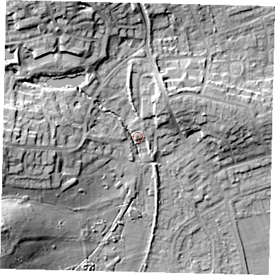 Shaded relief map of the ground around HA72SU, computed from Environment Agency LiDAR. The ground here sits at about 72 m above sea level and falls 19 m across the surrounding 800 m. Surface water reaching this point runs off ground lying to the north-north-west, 14.3 m higher.