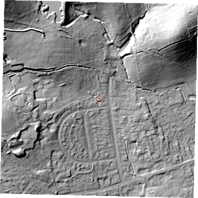 Shaded relief map of the ground around HA73FA, computed from Environment Agency LiDAR. The ground here sits at about 92 m above sea level and falls 33 m across the surrounding 800 m. Surface water reaching this point runs off ground lying to the west-north-west, 17.1 m higher.