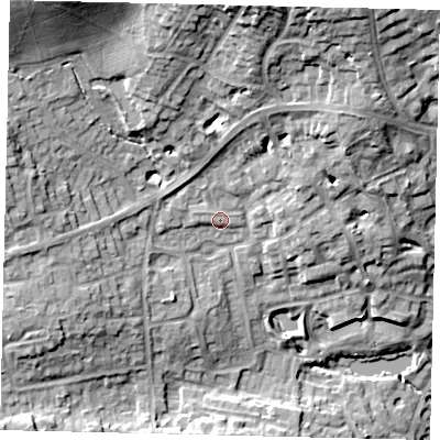 Shaded relief map of the ground around HA73FE, computed from Environment Agency LiDAR. The ground here sits at about 81 m above sea level and falls 25 m across the surrounding 800 m. Surface water reaching this point runs off ground lying to the north, 1.0 m higher.