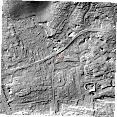 Shaded relief map of the ground around HA73FF, computed from Environment Agency LiDAR. The ground here sits at about 81 m above sea level and falls 24 m across the surrounding 800 m. Surface water reaching this point runs off ground lying to the north-north-east, 18.8 m higher.