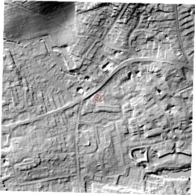 Shaded relief map of the ground around HA73FL, computed from Environment Agency LiDAR. The ground here sits at about 81 m above sea level and falls 30 m across the surrounding 800 m. Surface water reaching this point runs off ground lying to the north-north-east, 2.9 m higher.