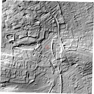 Shaded relief map of the ground around HA73JT, computed from Environment Agency LiDAR. The ground here sits at about 73 m above sea level and falls 22 m across the surrounding 800 m. Surface water reaching this point runs off ground lying to the north-north-west, 16.1 m higher.