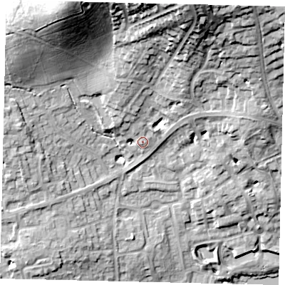Shaded relief map of the ground around HA73LG, computed from Environment Agency LiDAR. The ground here sits at about 84 m above sea level and falls 35 m across the surrounding 800 m. Surface water reaching this point runs off ground lying to the north-north-west, 1.7 m higher.