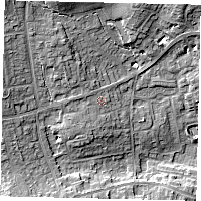 Shaded relief map of the ground around HA73LH, computed from Environment Agency LiDAR. The ground here sits at about 85 m above sea level and falls 20 m across the surrounding 800 m. Surface water reaching this point runs off ground lying to the west-north-west, 1.8 m higher.