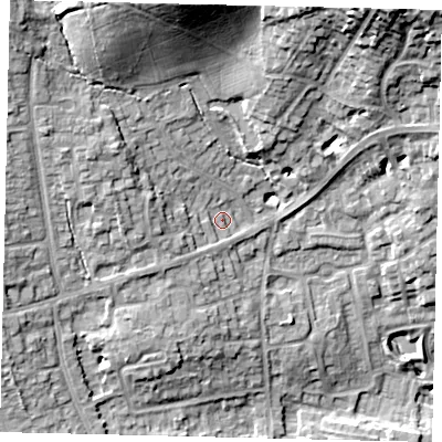 Shaded relief map of the ground around HA73LQ, computed from Environment Agency LiDAR. The ground here sits at about 83 m above sea level and falls 27 m across the surrounding 800 m. Surface water reaching this point runs off ground lying to the west-north-west, 8.0 m higher.