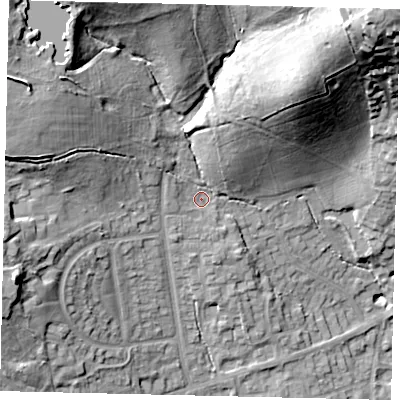 Shaded relief map of the ground around HA73LX, computed from Environment Agency LiDAR. The ground here sits at about 89 m above sea level and falls 41 m across the surrounding 800 m. Surface water reaching this point runs off ground lying to the west-north-west, 2.6 m higher.