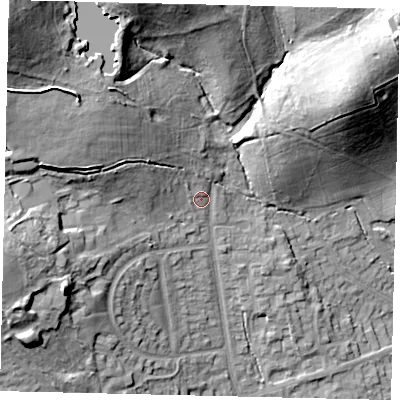 Shaded relief map of the ground around HA73LY, computed from Environment Agency LiDAR. The ground here sits at about 92 m above sea level and falls 33 m across the surrounding 800 m. Surface water reaching this point runs off ground lying to the north-west, 3.9 m higher.