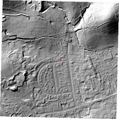 Shaded relief map of the ground around HA73LZ, computed from Environment Agency LiDAR. The ground here sits at about 92 m above sea level and falls 31 m across the surrounding 800 m. Surface water reaching this point runs off ground lying to the north-west, 17.6 m higher.
