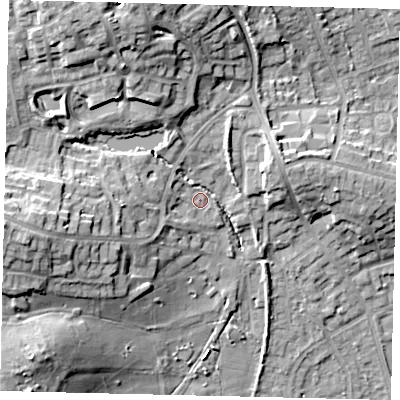 Shaded relief map of the ground around HA73QA, computed from Environment Agency LiDAR. The ground here sits at about 72 m above sea level and falls 20 m across the surrounding 800 m. Surface water reaching this point runs off ground lying to the west, 13.7 m higher.