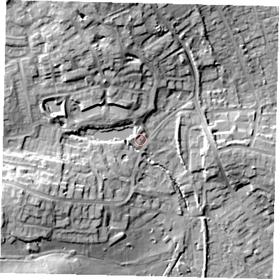 Shaded relief map of the ground around HA73QD, computed from Environment Agency LiDAR. The ground here sits at about 74 m above sea level and falls 20 m across the surrounding 800 m. Surface water reaching this point runs off ground lying to the north-west, 12.3 m higher.