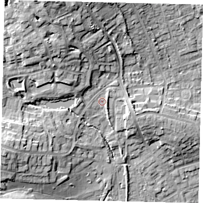 Shaded relief map of the ground around HA73QE, computed from Environment Agency LiDAR. The ground here sits at about 73 m above sea level and falls 23 m across the surrounding 800 m. Surface water reaching this point runs off ground lying to the east, 2.0 m higher.