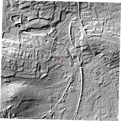 Shaded relief map of the ground around HA73QF, computed from Environment Agency LiDAR. The ground here sits at about 72 m above sea level and falls 25 m across the surrounding 800 m. Surface water reaching this point runs off ground lying to the west, 3.9 m higher.