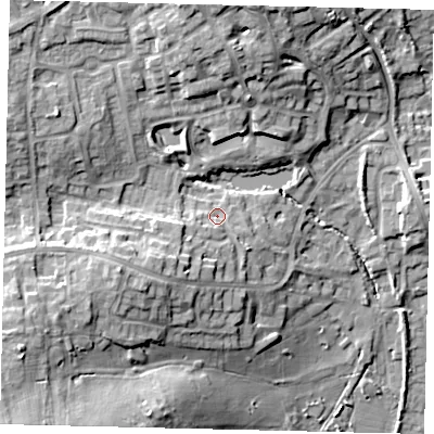 Shaded relief map of the ground around HA73RG, computed from Environment Agency LiDAR. The ground here sits at about 76 m above sea level and falls 22 m across the surrounding 800 m. Surface water reaching this point runs off ground lying to the south-west, 7.2 m higher.