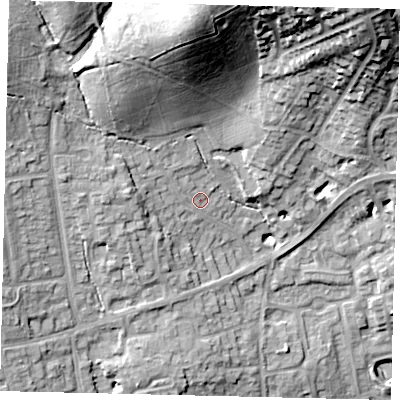 Shaded relief map of the ground around HA73RP, computed from Environment Agency LiDAR. The ground here sits at about 85 m above sea level and falls 36 m across the surrounding 800 m. Surface water reaching this point runs off ground lying to the west-north-west, 5.5 m higher.