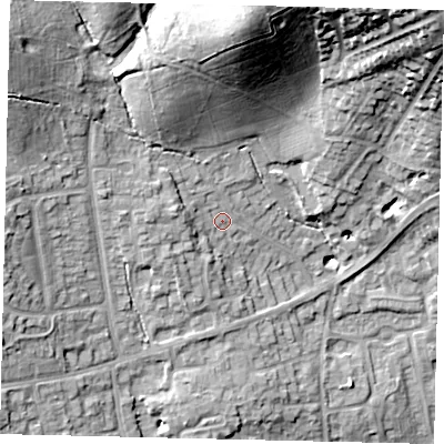 Shaded relief map of the ground around HA73RR, computed from Environment Agency LiDAR. The ground here sits at about 86 m above sea level and falls 33 m across the surrounding 800 m. Surface water reaching this point runs off ground lying to the west-north-west, 5.0 m higher.