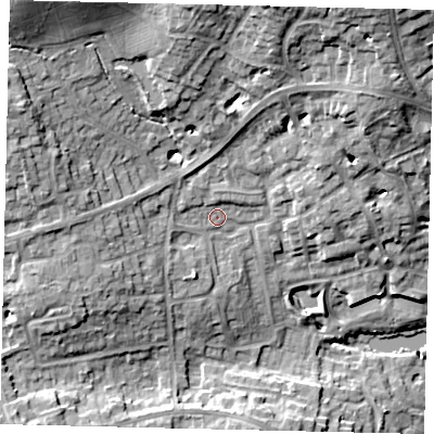 Shaded relief map of the ground around HA73SE, computed from Environment Agency LiDAR. The ground here sits at about 80 m above sea level and falls 22 m across the surrounding 800 m. Surface water reaching this point runs off ground lying to the north-north-east, 15.4 m higher.