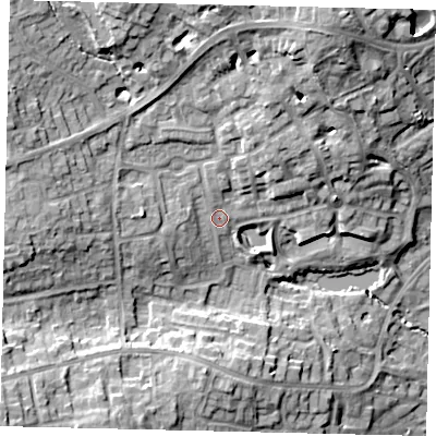 Shaded relief map of the ground around HA73SF, computed from Environment Agency LiDAR. The ground here sits at about 79 m above sea level and falls 20 m across the surrounding 800 m. Surface water reaching this point runs off ground lying to the north-north-east, 11.9 m higher.