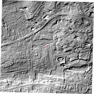Shaded relief map of the ground around HA73SH, computed from Environment Agency LiDAR. The ground here sits at about 80 m above sea level and falls 20 m across the surrounding 800 m. Surface water reaching this point runs off ground lying to the north-north-east, 13.3 m higher.
