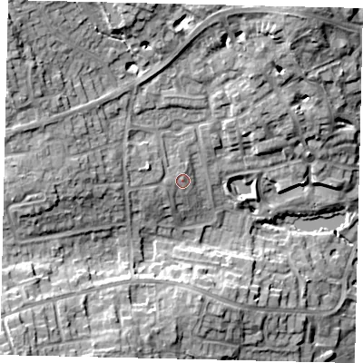 Shaded relief map of the ground around HA73SJ, computed from Environment Agency LiDAR. The ground here sits at about 80 m above sea level and falls 19 m across the surrounding 800 m. Surface water reaching this point runs off ground lying to the west, 1.4 m higher.