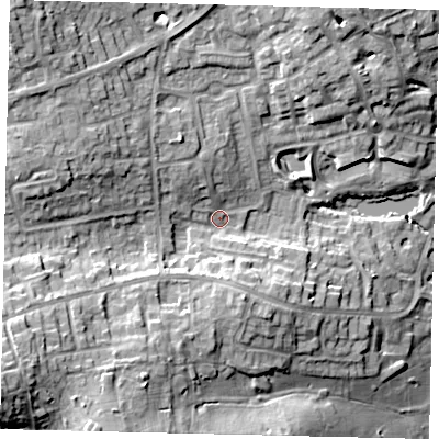 Shaded relief map of the ground around HA73SQ, computed from Environment Agency LiDAR. The ground here sits at about 78 m above sea level and falls 21 m across the surrounding 800 m. Surface water reaching this point runs off ground lying to the south-west, 14.4 m higher.