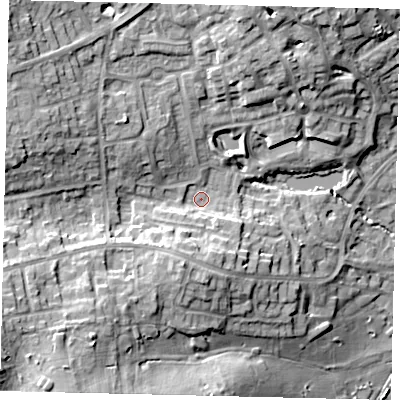 Shaded relief map of the ground around HA73SR, computed from Environment Agency LiDAR. The ground here sits at about 77 m above sea level and falls 20 m across the surrounding 800 m. Surface water reaching this point runs off ground lying to the south-west, 12.2 m higher.