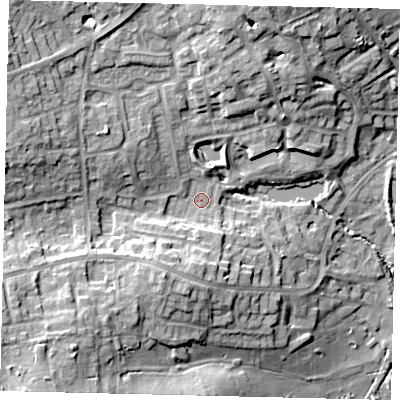 Shaded relief map of the ground around HA73SS, computed from Environment Agency LiDAR. The ground here sits at about 77 m above sea level and falls 20 m across the surrounding 800 m. Surface water reaching this point runs off ground lying to the south-west, 12.2 m higher.