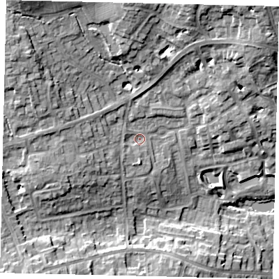 Shaded relief map of the ground around HA73SW, computed from Environment Agency LiDAR. The ground here sits at about 80 m above sea level and falls 19 m across the surrounding 800 m. Surface water reaching this point runs off ground lying to the west-south-west, 5.1 m higher.