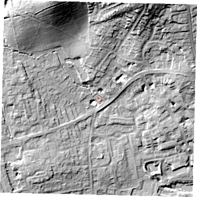 Shaded relief map of the ground around HA73SZ, computed from Environment Agency LiDAR. The ground here sits at about 83 m above sea level and falls 34 m across the surrounding 800 m. Surface water reaching this point runs off ground lying to the north-north-west, 28.7 m higher.