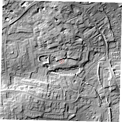 Shaded relief map of the ground around HA74FQ, computed from Environment Agency LiDAR. The ground here sits at about 76 m above sea level and falls 22 m across the surrounding 800 m. Surface water reaching this point runs off ground lying to the north, 8.4 m higher.
