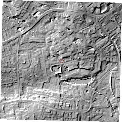 Shaded relief map of the ground around HA74FR, computed from Environment Agency LiDAR. The ground here sits at about 79 m above sea level and falls 22 m across the surrounding 800 m. Surface water reaching this point runs off ground lying to the north-north-east, 4.9 m higher.