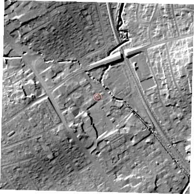 Shaded relief map of the ground around HA80AB, computed from Environment Agency LiDAR. The ground here sits at about 49 m above sea level and falls 19 m across the surrounding 800 m. Surface water reaching this point runs off ground lying to the south-west, 7.8 m higher.