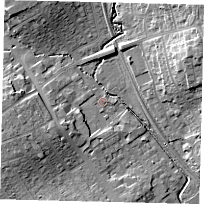 Shaded relief map of the ground around HA80AD, computed from Environment Agency LiDAR. The ground here sits at about 48 m above sea level and falls 19 m across the surrounding 800 m. Surface water reaching this point runs off ground lying to the west-south-west, 8.2 m higher.