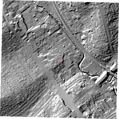Shaded relief map of the ground around HA80AJ, computed from Environment Agency LiDAR. The ground here sits at about 50 m above sea level and falls 18 m across the surrounding 800 m. Surface water reaching this point runs off ground lying to the south-west, 3.1 m higher.