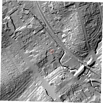 Shaded relief map of the ground around HA80AT, computed from Environment Agency LiDAR. The ground here sits at about 48 m above sea level and falls 18 m across the surrounding 800 m. Surface water reaching this point runs off ground lying to the south, 16.6 m higher.