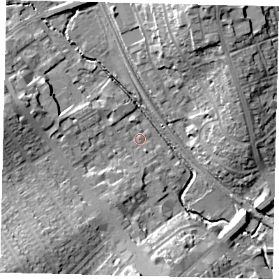 Shaded relief map of the ground around HA80BX, computed from Environment Agency LiDAR. The ground here sits at about 48 m above sea level and falls 20 m across the surrounding 800 m. Surface water reaching this point runs off ground lying to the south-west, 15.7 m higher.