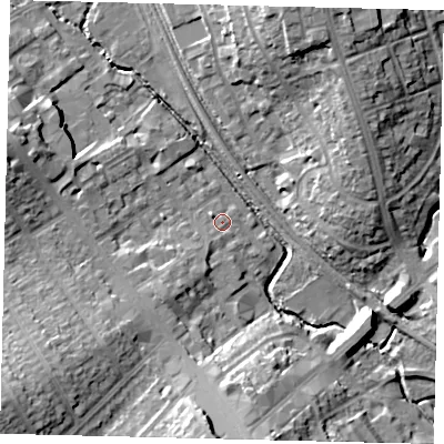 Shaded relief map of the ground around HA80BY, computed from Environment Agency LiDAR. The ground here sits at about 48 m above sea level and falls 18 m across the surrounding 800 m. Surface water reaching this point runs off ground lying to the south-west, 15.7 m higher.