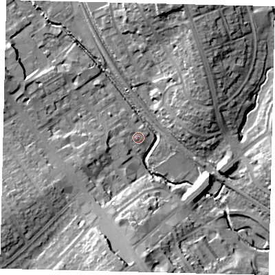 Shaded relief map of the ground around HA80BZ, computed from Environment Agency LiDAR. The ground here sits at about 47 m above sea level and falls 18 m across the surrounding 800 m. Surface water reaching this point runs off ground lying to the south, 16.6 m higher.