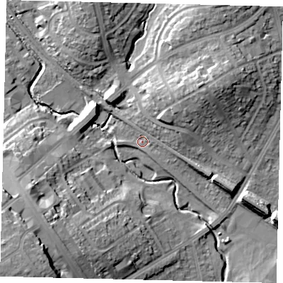 Shaded relief map of the ground around HA80DD, computed from Environment Agency LiDAR. The ground here sits at about 47 m above sea level and falls 21 m across the surrounding 800 m. Surface water reaching this point runs off ground lying to the east-south-east, 2.7 m higher.