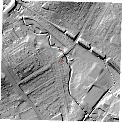 Shaded relief map of the ground around HA80DP, computed from Environment Agency LiDAR. The ground here sits at about 45 m above sea level and falls 18 m across the surrounding 800 m. Surface water reaching this point runs off ground lying to the west, 1.6 m higher.
