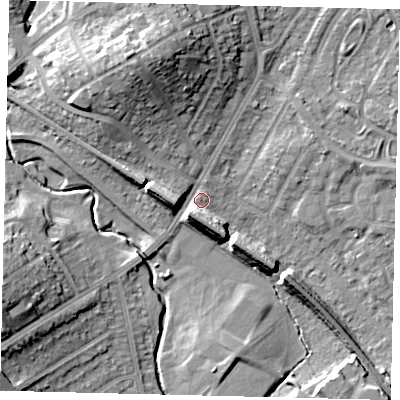 Shaded relief map of the ground around HA80DT, computed from Environment Agency LiDAR. The ground here sits at about 48 m above sea level and falls 17 m across the surrounding 800 m. Surface water reaching this point runs off ground lying to the north-north-west, 11.6 m higher.