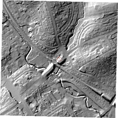 Shaded relief map of the ground around HA80EJ, computed from Environment Agency LiDAR. The ground here sits at about 49 m above sea level and falls 19 m across the surrounding 800 m. Surface water reaching this point runs off ground lying to the north-north-west, 8.9 m higher.
